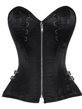 AUTHENTIC STEEL BONED Black Satin Corset with Front Zipper
